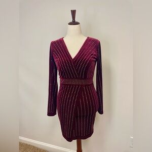 VENUS  Velvet Burgundy Long Sleeve Studded Dress